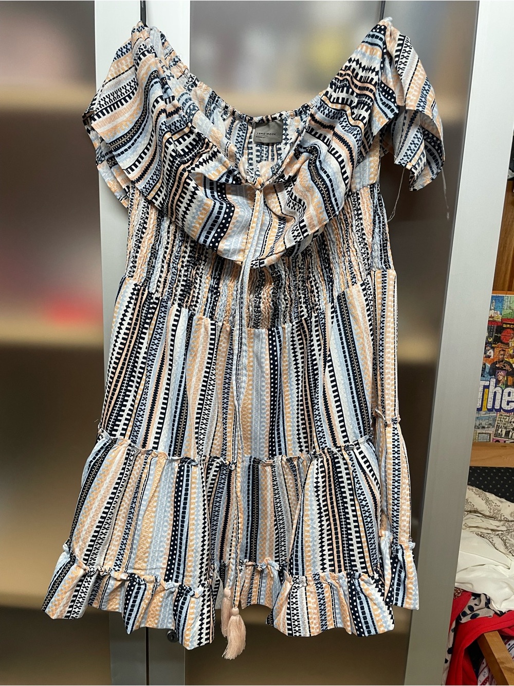 Vero Moda Women’s Off the Shoulder Tie Tassel Front Tan Blue Striped Mini Dress